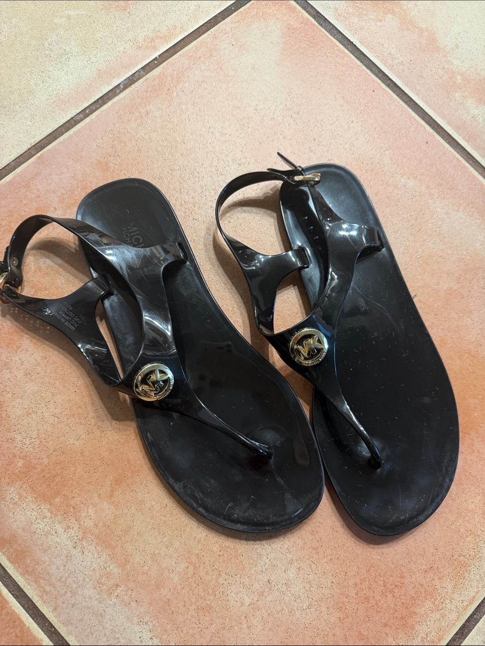 Michael Kors Black Jelly Thong Sandals with Gold Logo